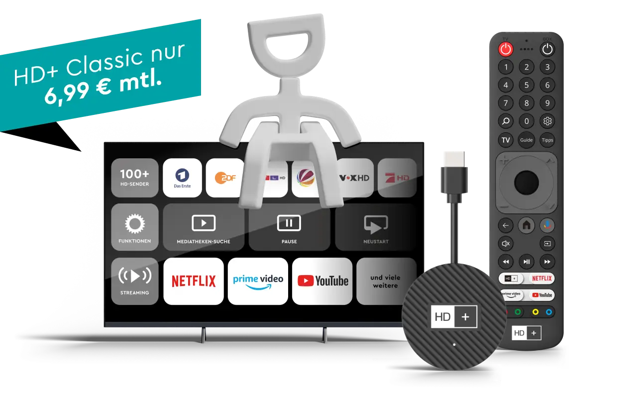 HD+ IP TV-Stick mit Fernbedienung und TV-Oberfläche