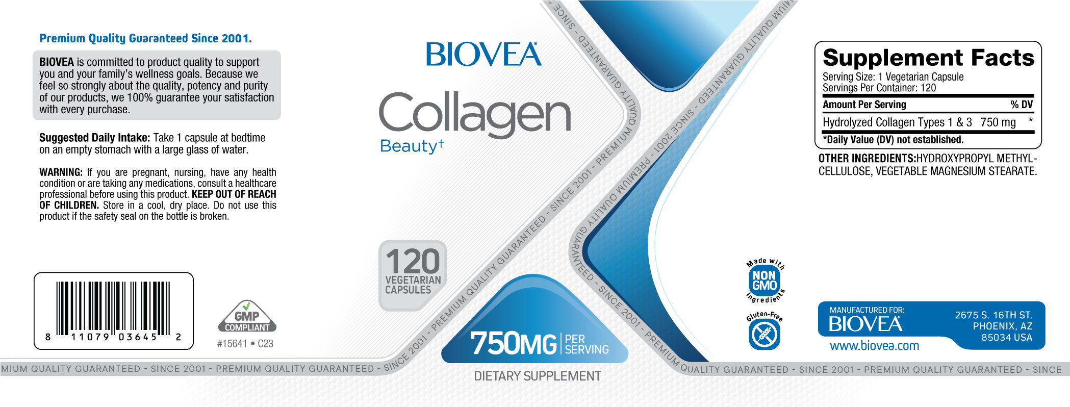 Vollständiges offizielles Supplement-Facts-Etikett von Biovea Kollagen 750 mg