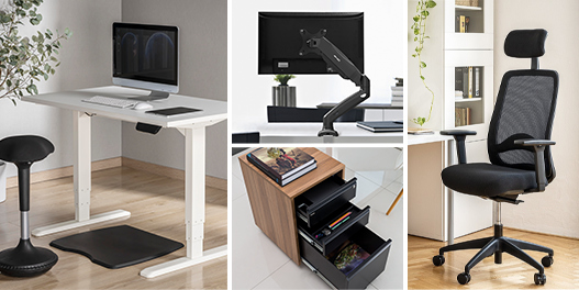 AlzaErgo-Schreibtisch, Monitorarm, Rollcontainer und Bürostuhl
