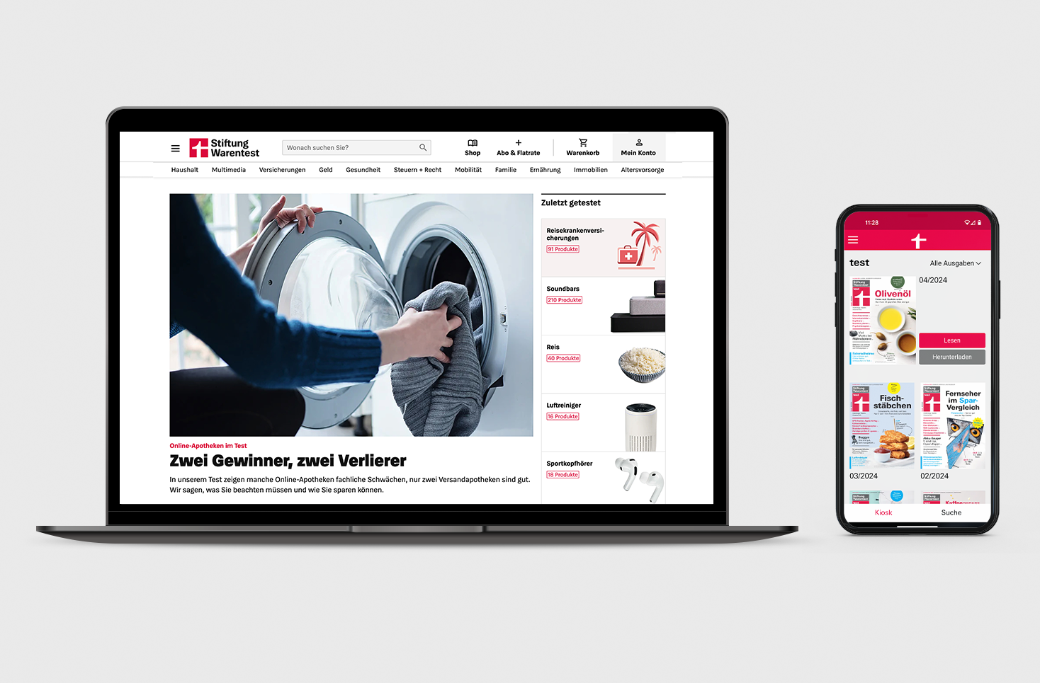 Offizielle Stiftung-Warentest-Digitaldarstellung mit Online-Testdatenbank auf einem Laptop und Heft-App auf einem Smartphone
