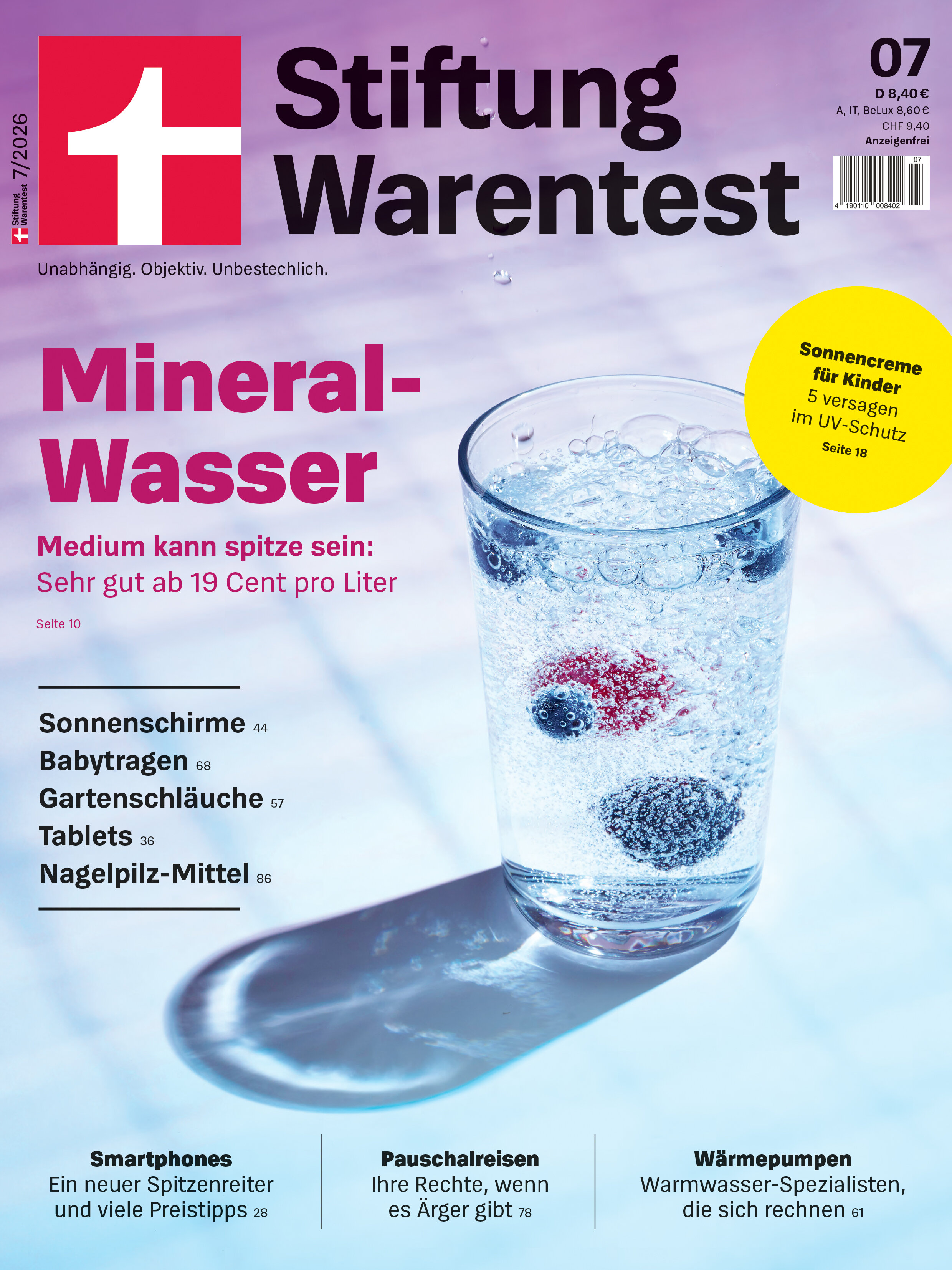 Offizielles Titelbild der Stiftung-Warentest-Ausgabe Juli 2026 mit den Themen Mineralwasser, Sonnenschutz und Technik