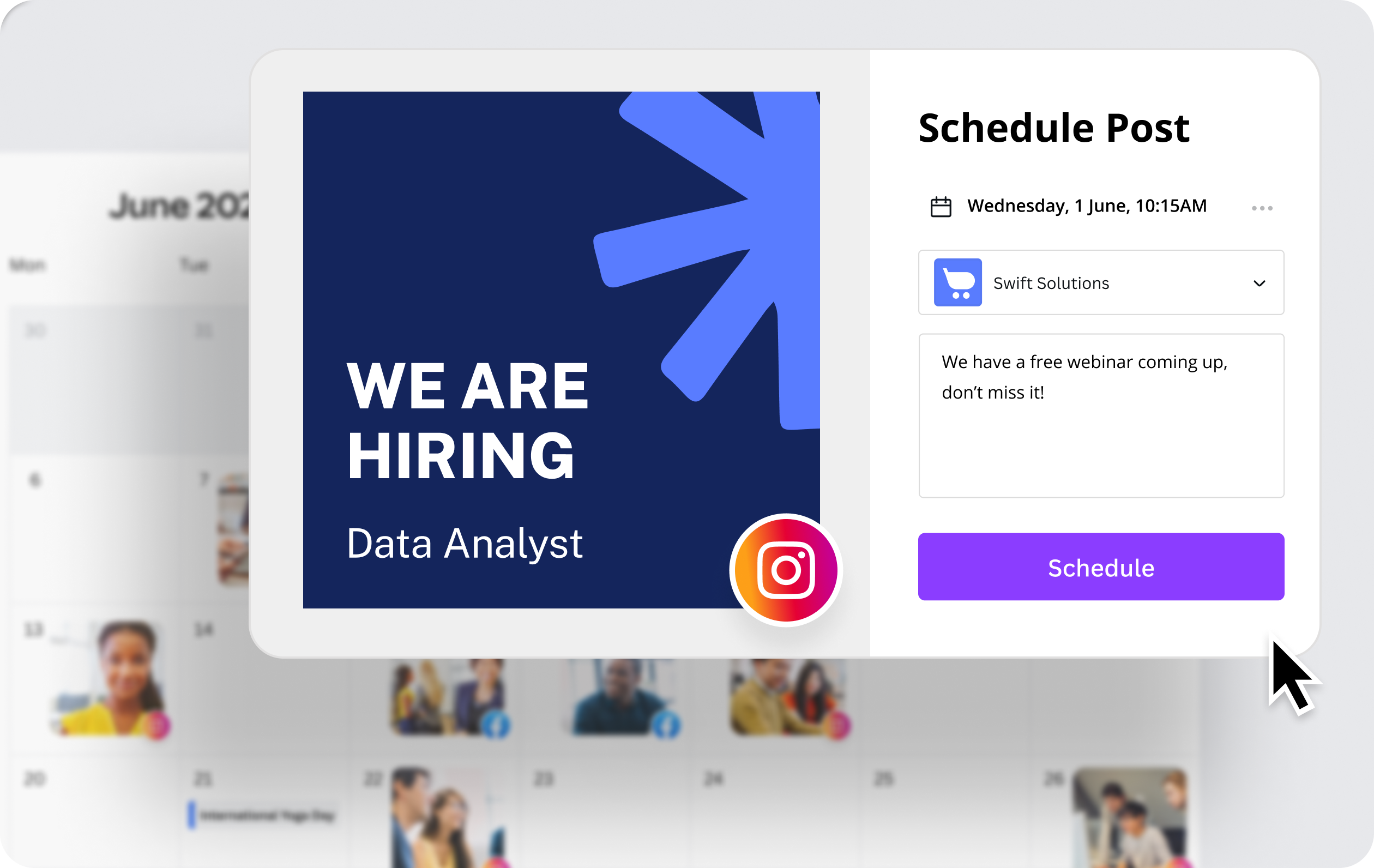 Canva 内容日历中的社交帖子定时发布界面