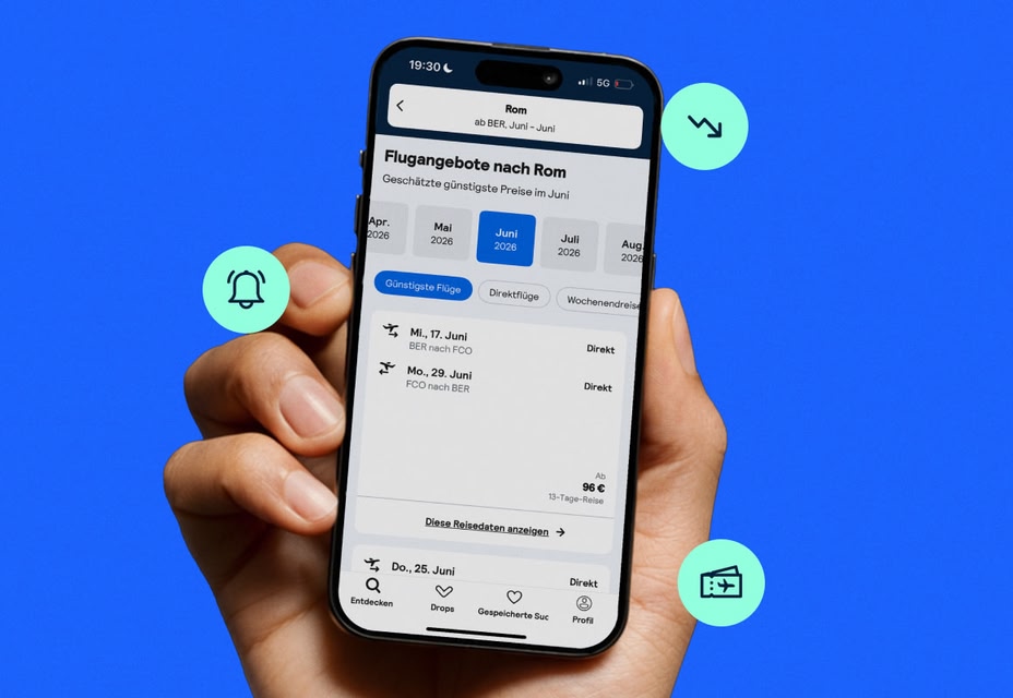 Skyscanner Monatsansicht und Preismeldung in der deutschen App