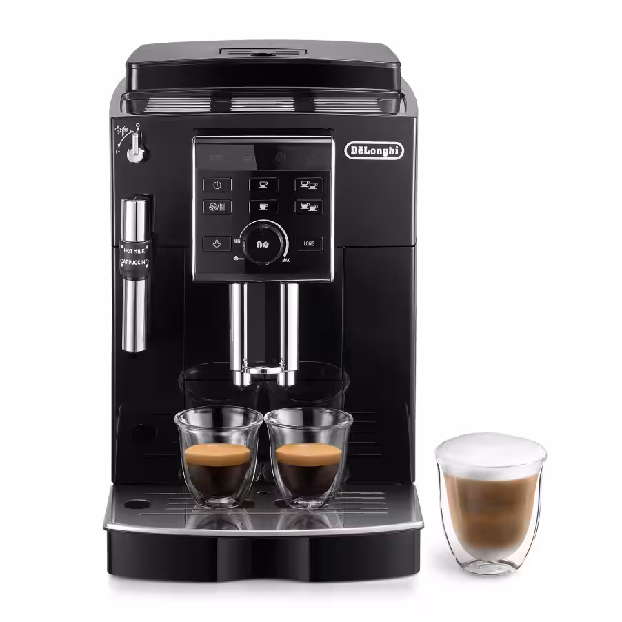 DeLonghi 德国官方 ECAM25.120.B 咖啡机视觉，展示整机和饮品