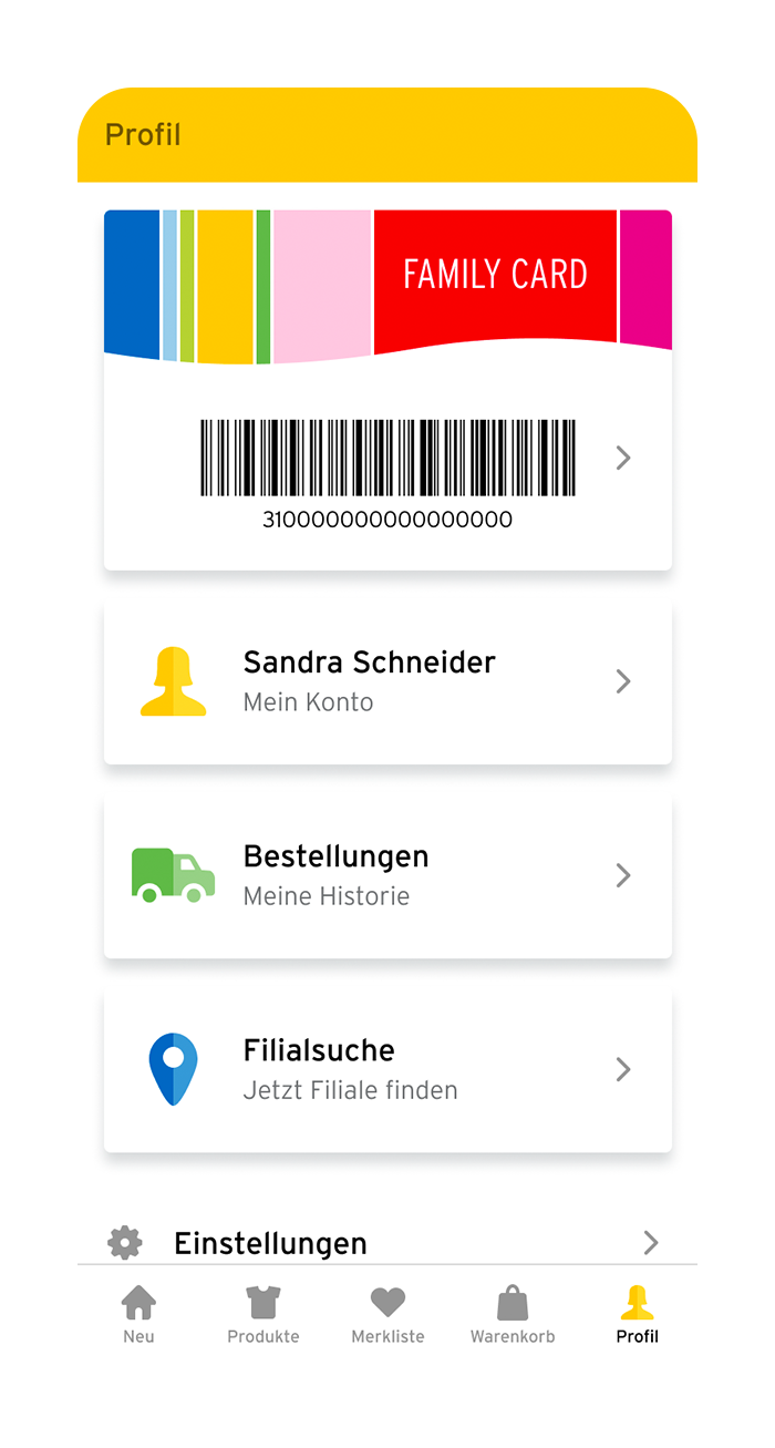 Ernsting's-family-App mit digitaler Family Card, Bestellungen und Filialsuche