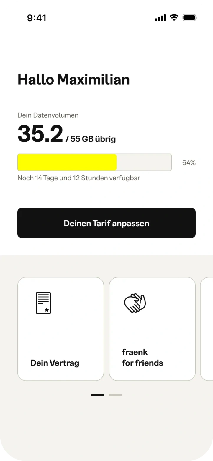 fraenk App mit Datenverbrauch, Tarifanpassung und fraenk for friends