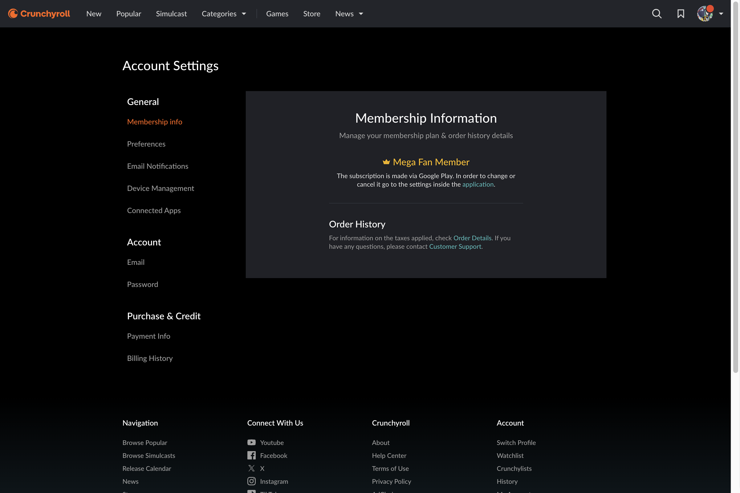 Offizielles Crunchyroll Beispiel für Mitgliedschaftsinformationen und Drittanbieter-Abo
