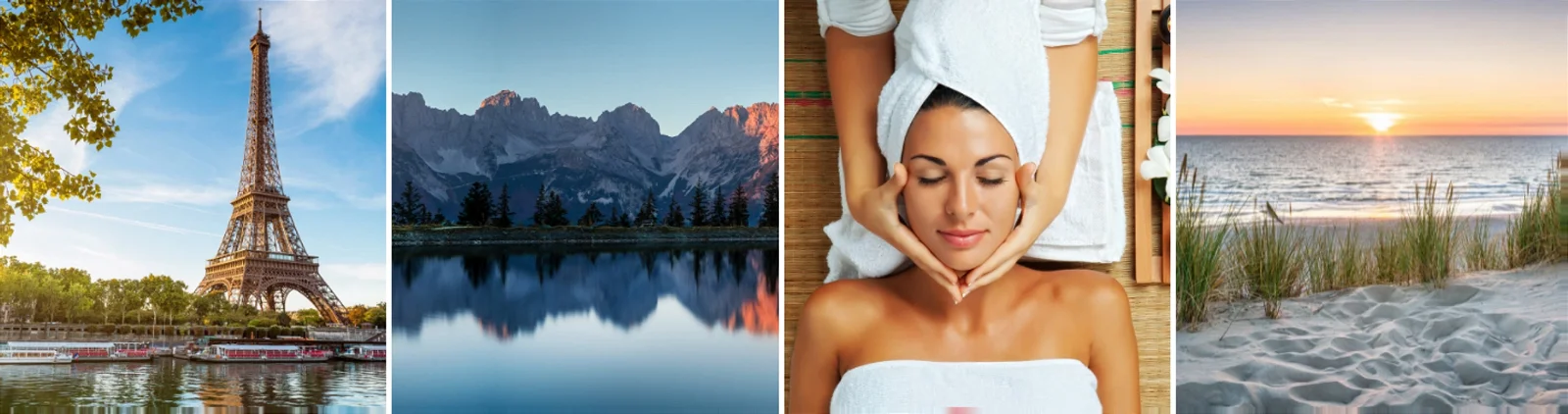 Offizielle Animod-Collage mit Städtereise, Bergen, Wellness und Strand