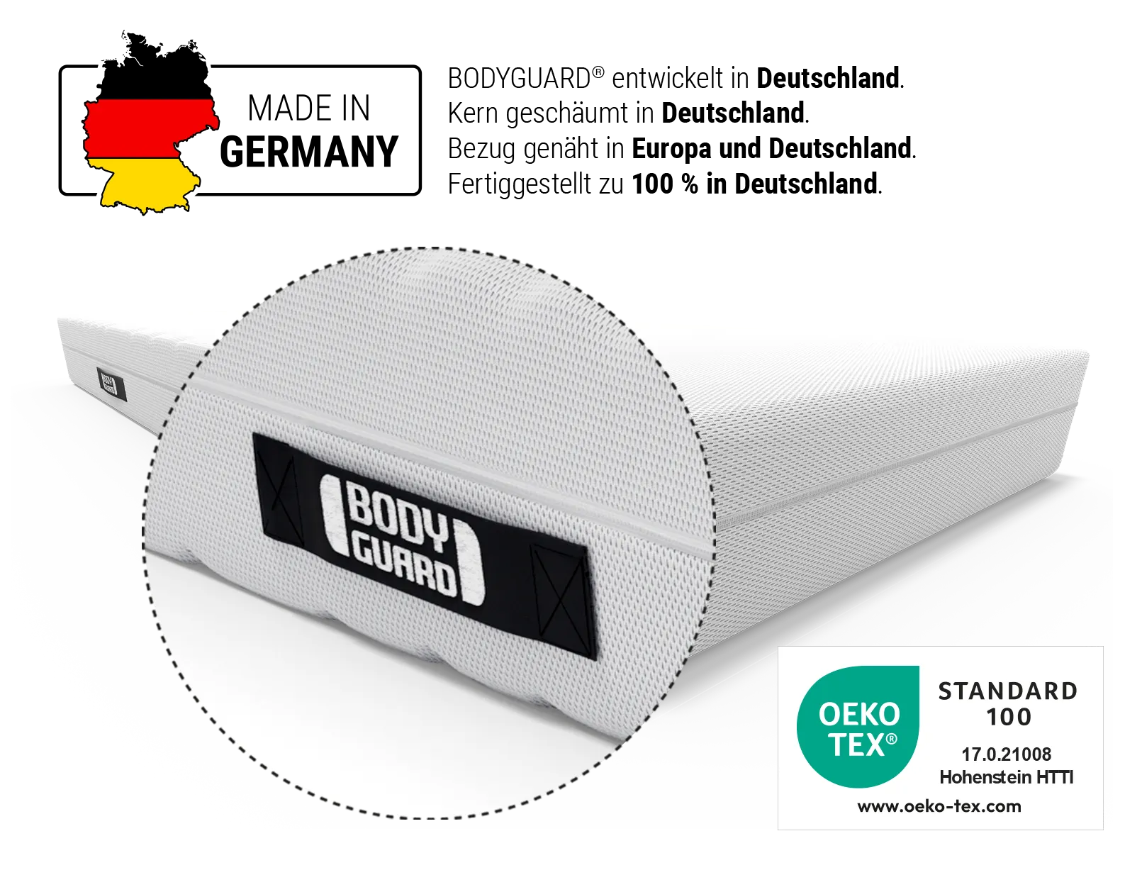 Bett1 BODYGUARD 床垫的德国制造与 Oeko-Tex Standard 100 信息
