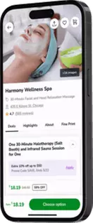 Offizielle Groupon-App-Darstellung eines lokalen Spa-Deals mit Option und Checkout