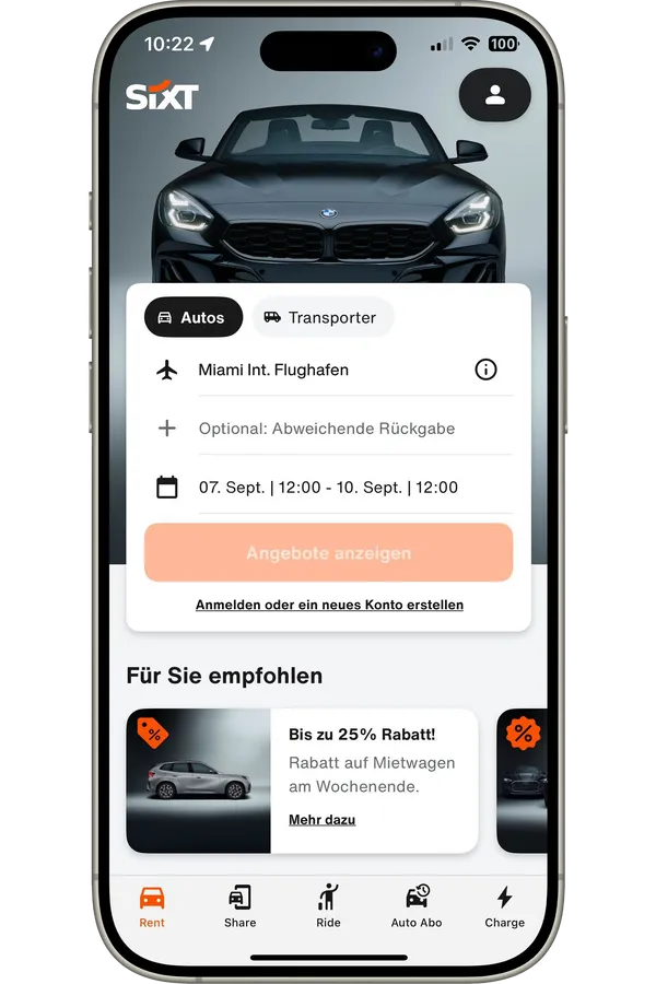SIXT App 德国租车预订界面