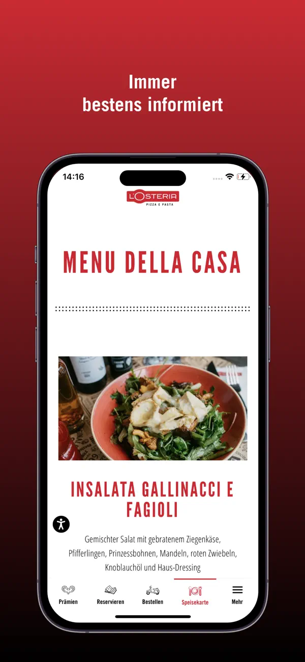 Speisekarte in der L’Osteria Amici Club App