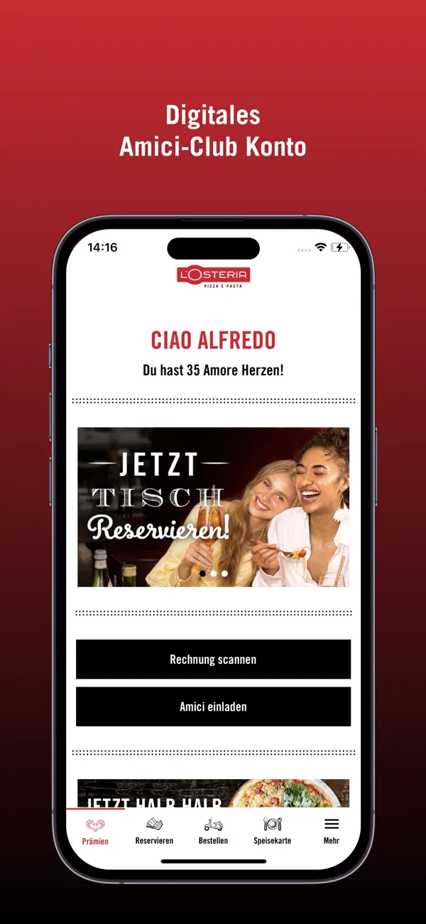 Digitales Amici Club Konto mit Reservierung und Bestellung