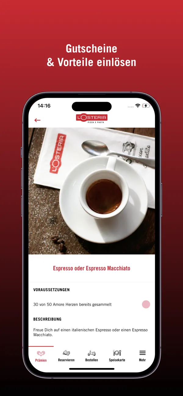 Prämienansicht mit Amore Herzen in der L’Osteria App