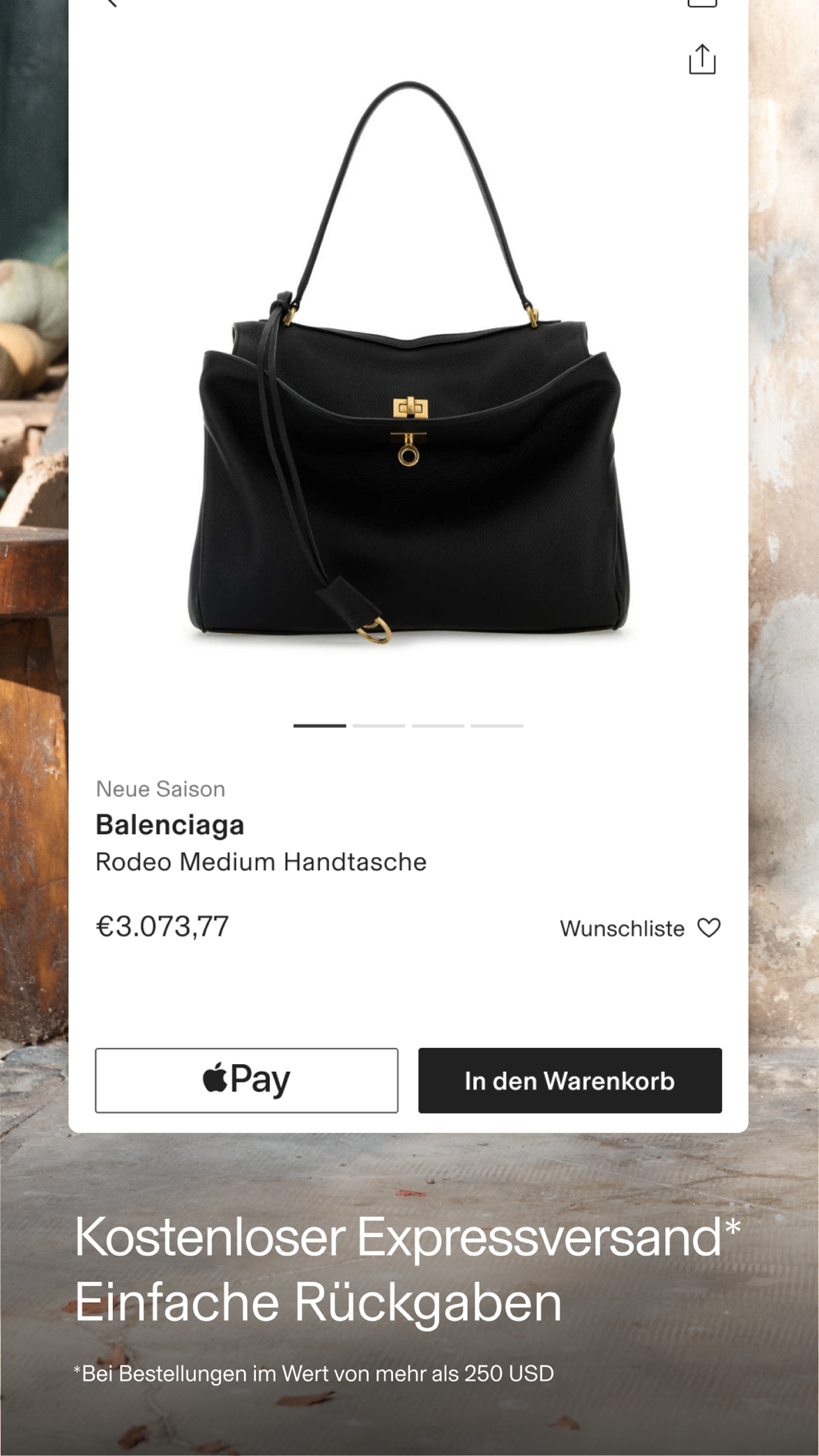 Cettire-App mit Produktseite, Preis, Wunschliste und Warenkorb