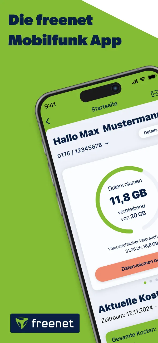Offizieller Screenshot der freenet Mobilfunk App mit Datenverbrauch und aktuellen Kosten