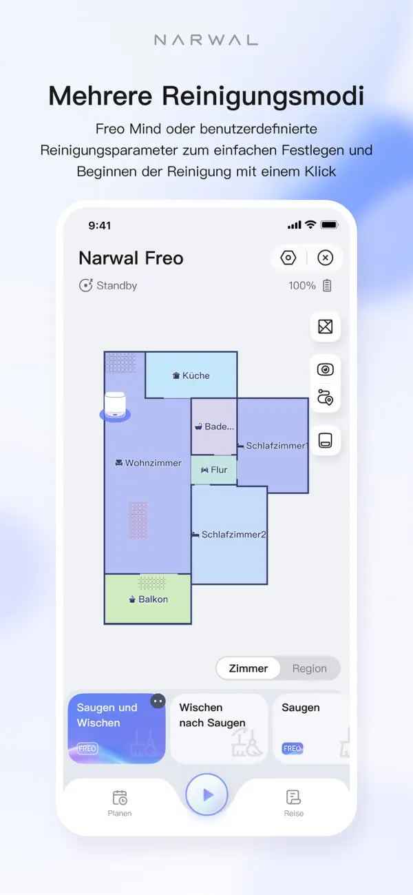 Deutsche Narwal-App mit Raumkarte und mehreren Reinigungsmodi