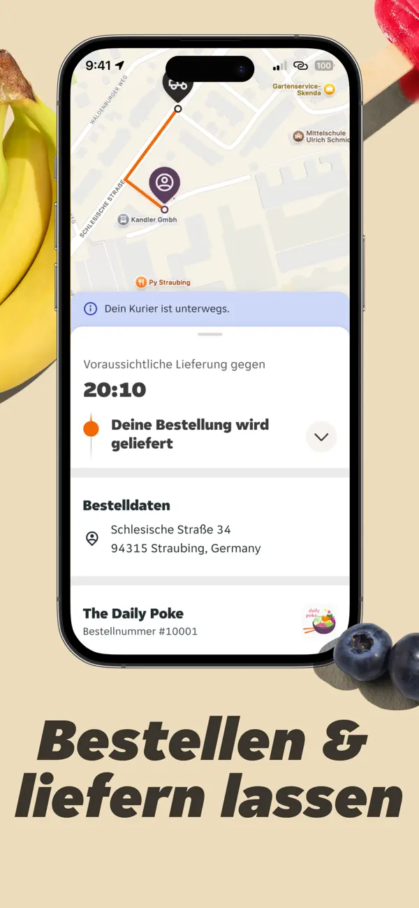 Lieferando App mit Lieferverfolgung, voraussichtlicher Zeit und Bestelldaten