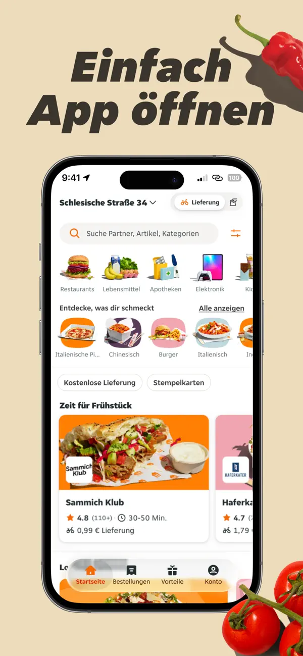 Lieferando App mit Adresse, Partnerkarten, Lieferkosten und Vorteilsfiltern