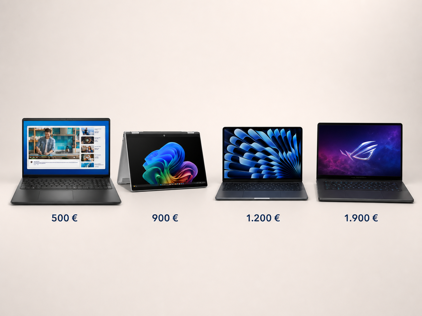 Vier Laptops von Dell, HP, Apple und ASUS in unterschiedlichen deutschen Preisklassen