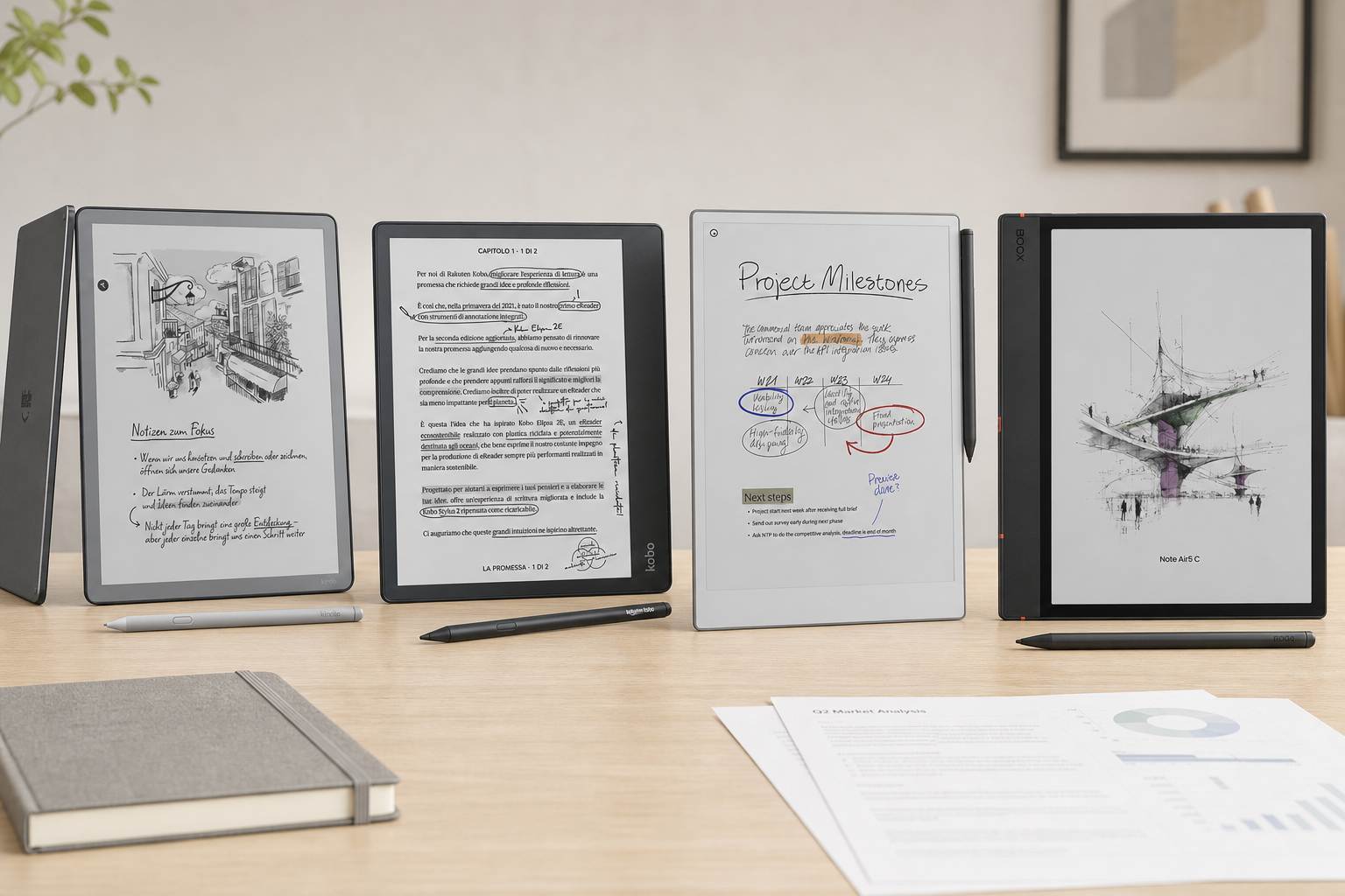 Kindle Scribe, Kobo Elipsa 2E, reMarkable Paper Pro und BOOX Note Air5 C im Vergleich