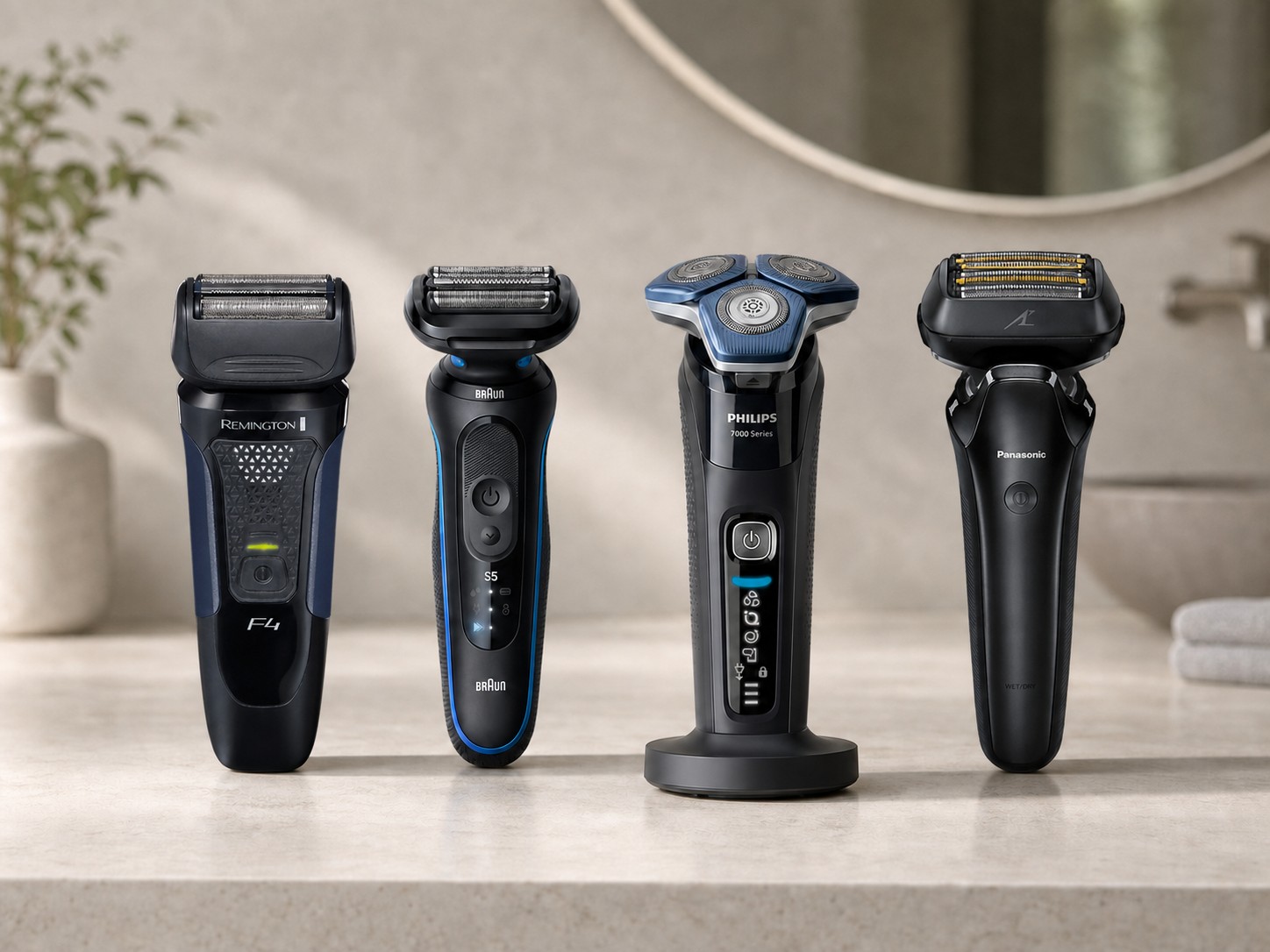 Vergleich von vier Elektrorasierern von Remington, Braun, Philips und Panasonic