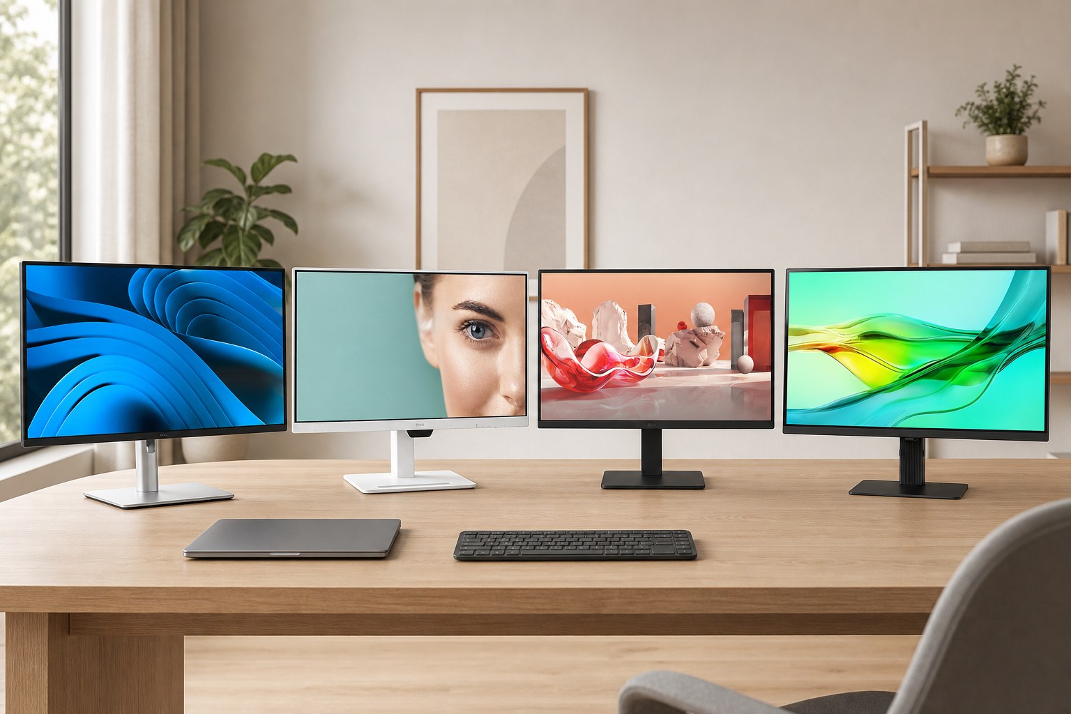 Vier 27-Zoll-USB-C-Büromonitore auf einem Homeoffice-Schreibtisch