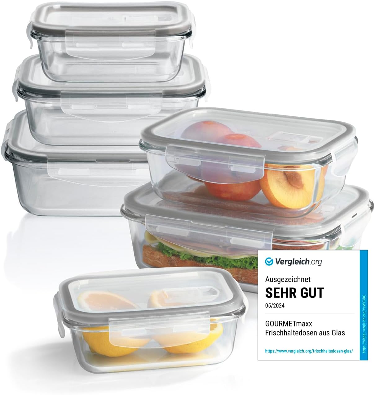 GOURMETmaxx Klick-it Glas-Frischhaltedosen im 6er-Set je 2 x 370 ml, 640 ml und 1.040 ml mit Deckel