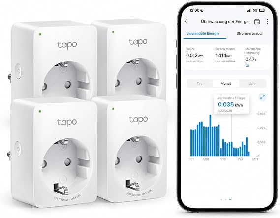 Vier Tapo P110 Smart-Steckdosen mit Strommessung
