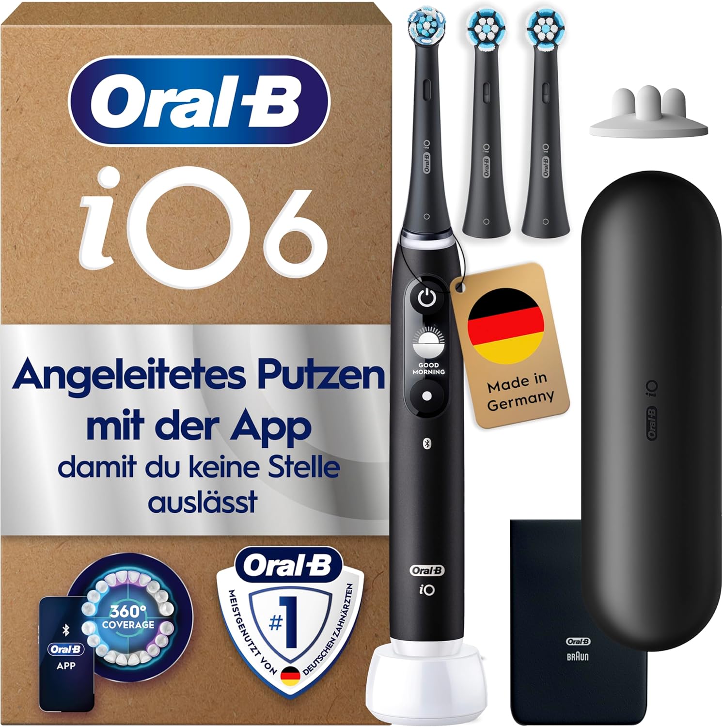 Oral-B iO Series 6 elektrische Zahnbürste Schwarz, 3 Aufsteckbürsten und Reise-Etui