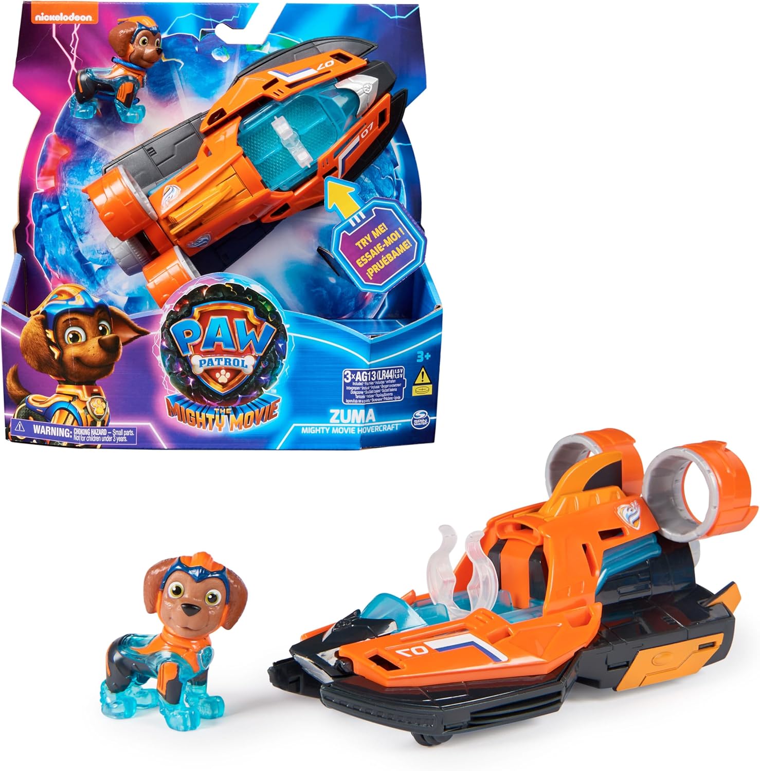 PAW Patrol Mighty Kinofilm Zuma Speedboot Basis-Fahrzeug mit Zuma-Figur, Licht und Geräuschen