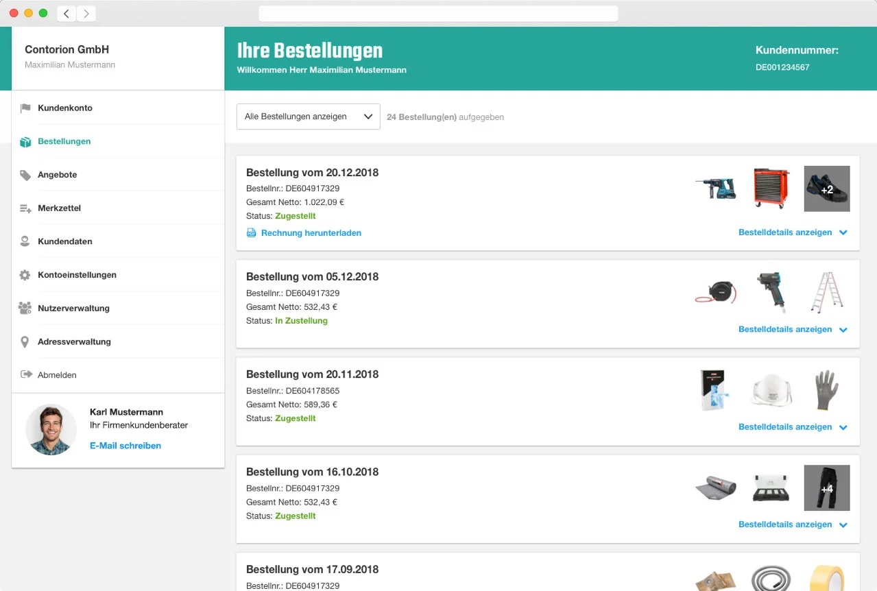Offizielle Contorion-Beispielansicht für Bestellungen im Geschäftskonto