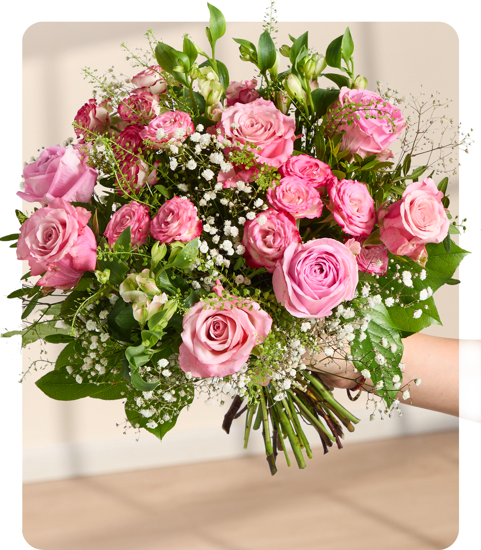 Offizielles BLUME2000-Produktbild eines großen rosafarbenen Blumenstraußes mit natürlicher Blütenform