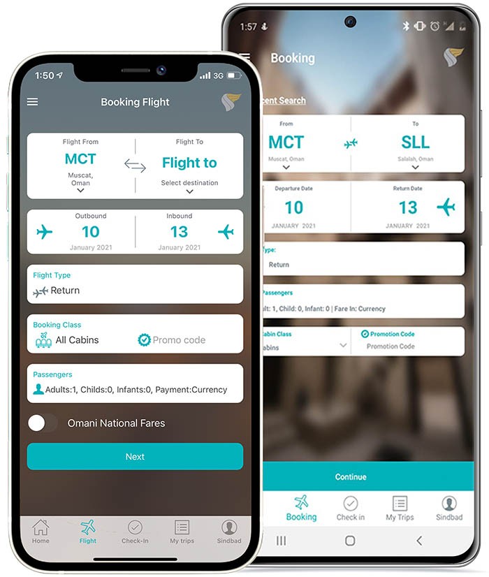 Offizielle Buchungsansicht der Oman-Air-App