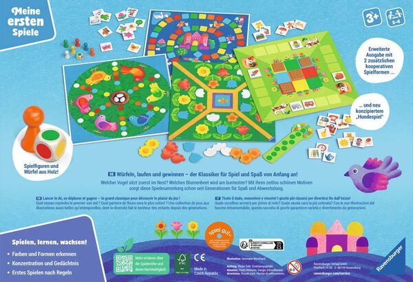 idee+spiel 官方 Ravensburger 4 erste Spiele 包装背面,带 3+、CE 和小零件警示图标