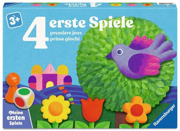 idee+spiel 官方 Ravensburger 4 erste Spiele 蓝色盒面商品图,标注 3+