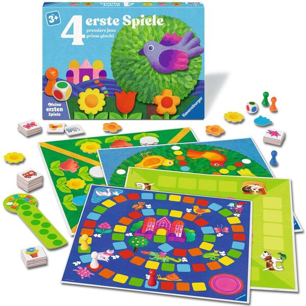 idee+spiel 官方 Ravensburger 4 erste Spiele 商品图,展示盒子、四块游戏板、棋子、骰子和卡片