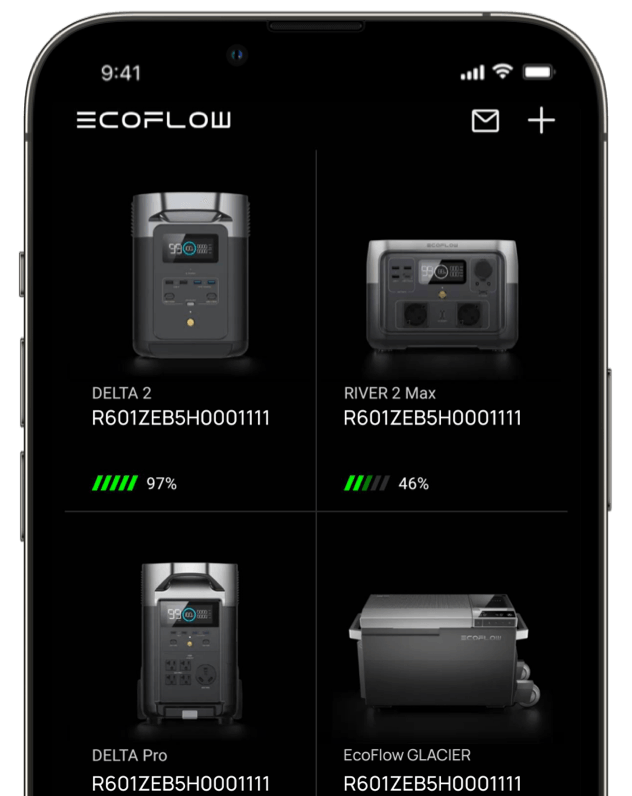 Offizielle EcoFlow-App-Ansicht mit mehreren verbundenen Geräten