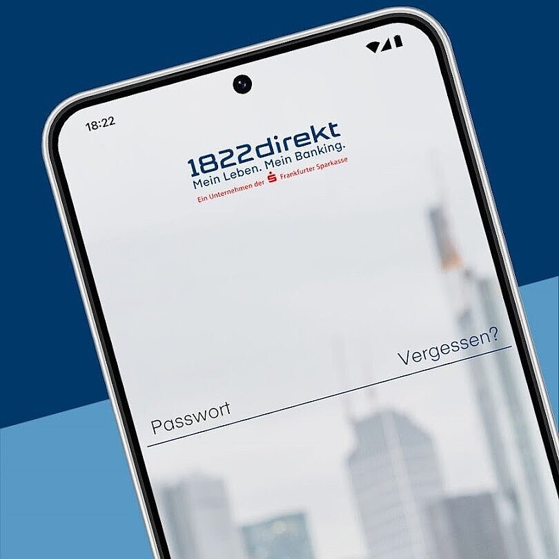 Smartphone mit dem Anmeldebildschirm der 1822direkt Banking App