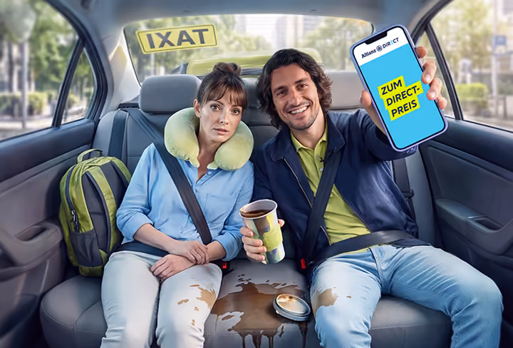 Offizielles Allianz-Direct-Motiv zu einem Missgeschick in einem Taxi