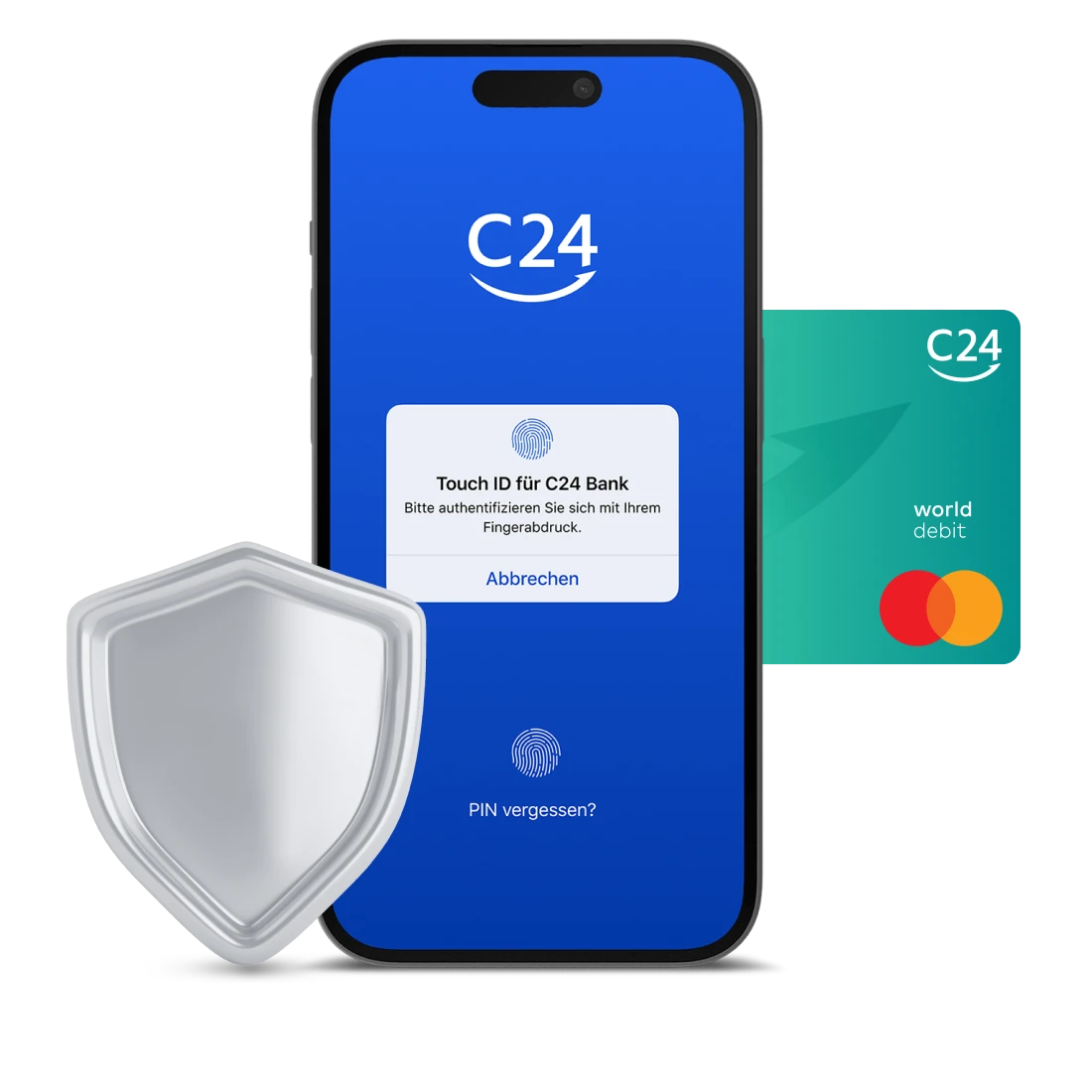 Smartphone-Zugang und Sicherheitsdarstellung der C24 Bank App