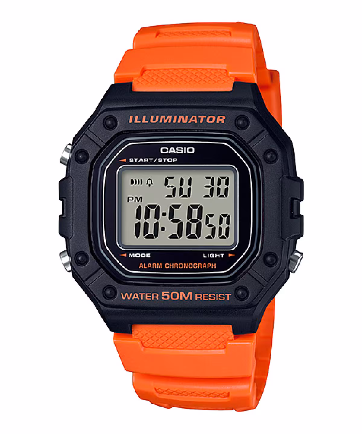 Offizielles Produktbild der CASIO W-218H-4B2V als Beispiel für vollständige Modellnummer und 5-bar-Kennzeichnung