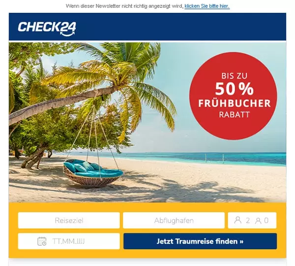 CHECK24 Partnerprogramm 官方广告形式页面展示的旅行 Newsletter 模板示例