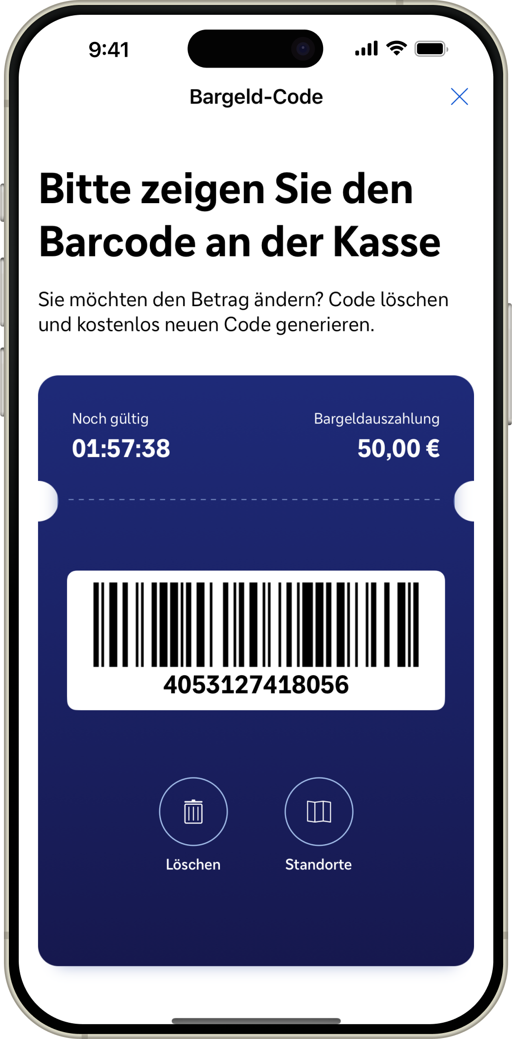 Deutsche Bank App 中的 Bargeld-Code 现金代码