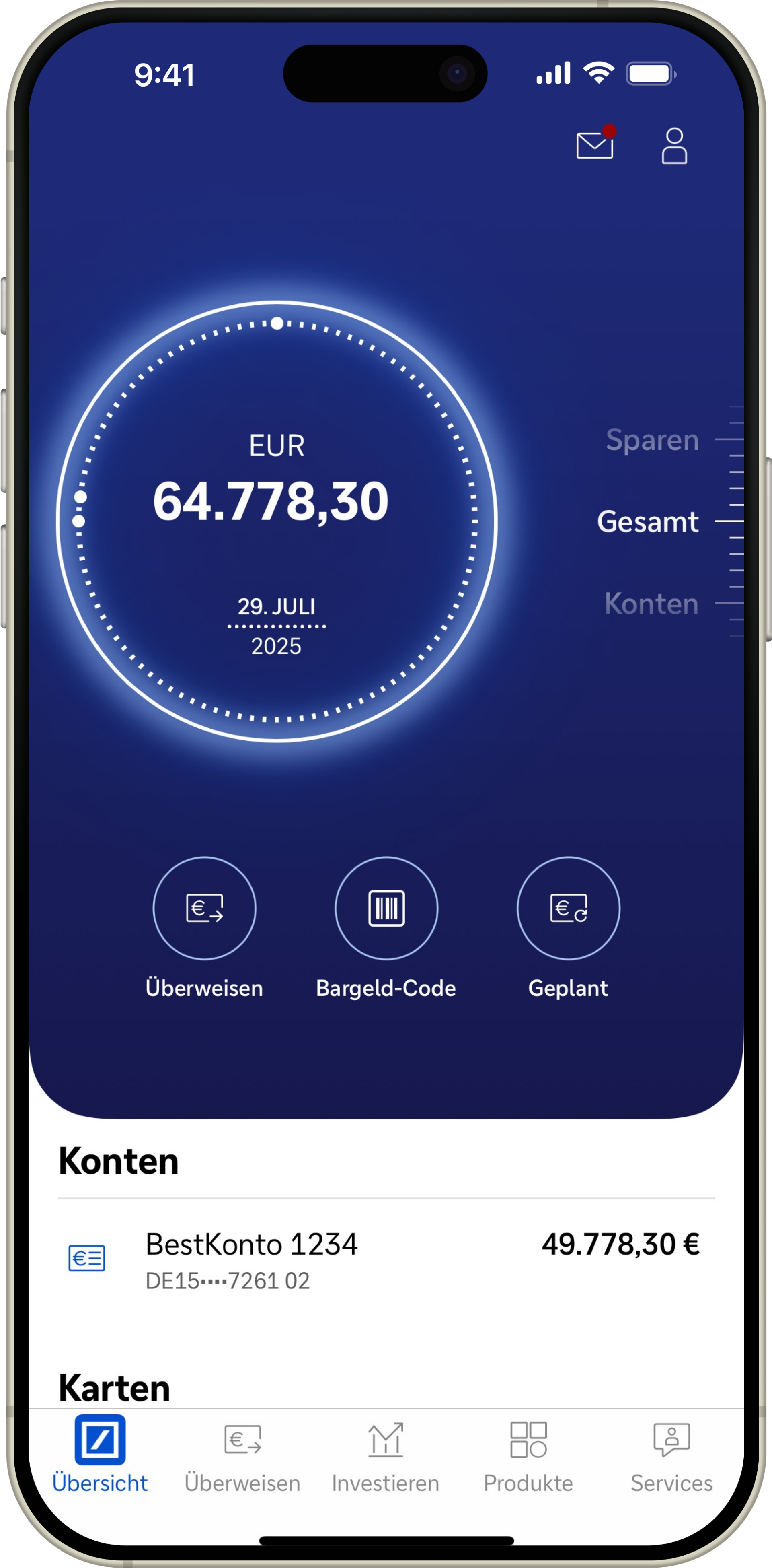 Deutsche Bank App 的账户总览与转账入口