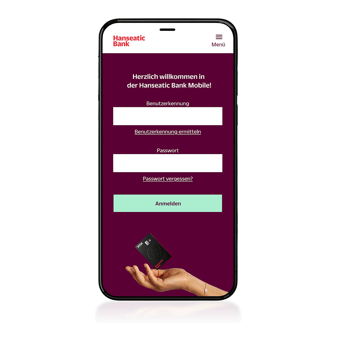 Hanseatic Bank Mobile App 登录与信用卡管理界面