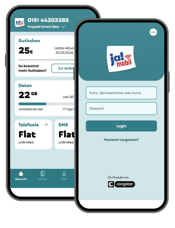 ja! mobil App 登录、余额和数据用量界面