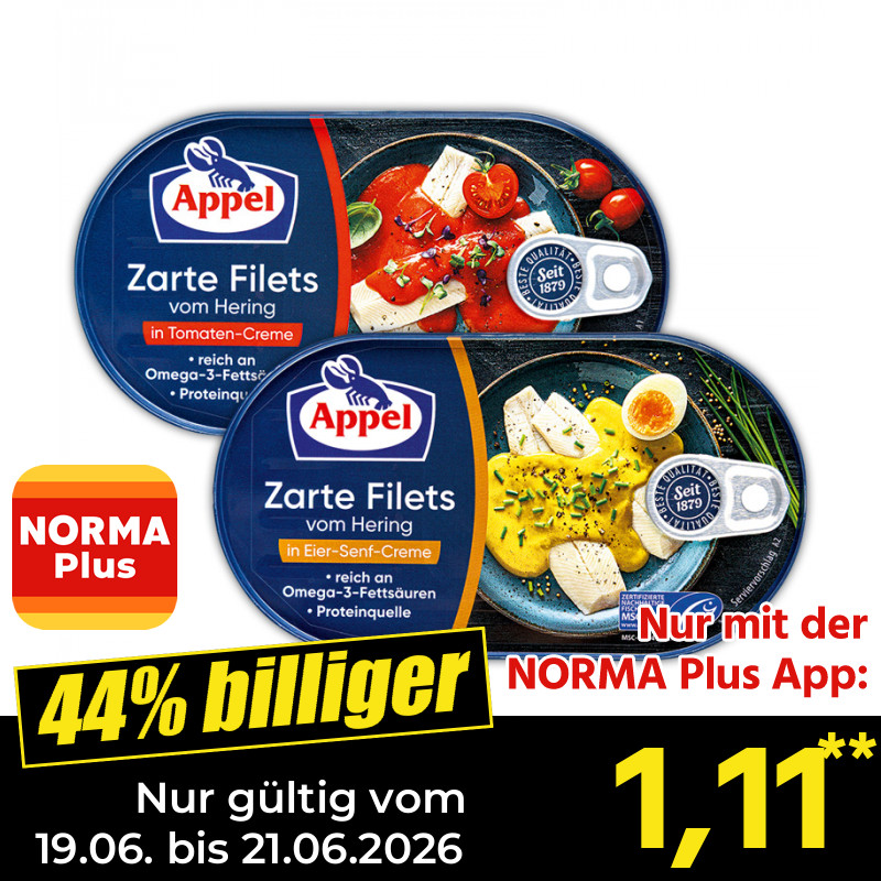 Appel 鲱鱼罐头200g 1,11 EUR,来自 NORMA 周末特价