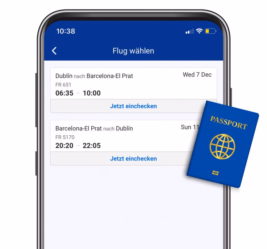 Ryanair App 在线值机与护照提示界面